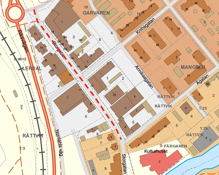 Karta som visar var Storgatan kommer att stängas av när vårstädningen görs.